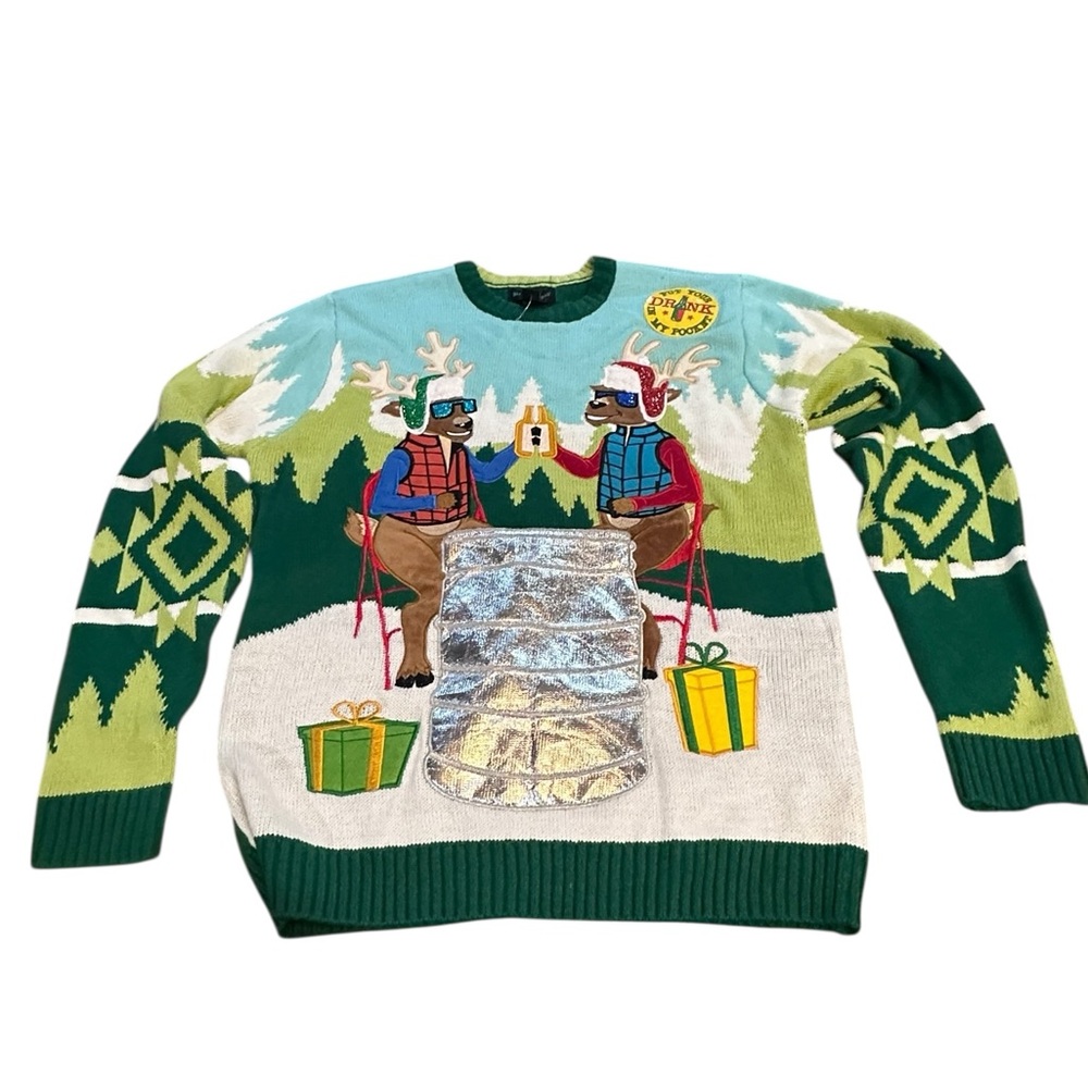 Ugly Christmas Sweater Reindeer Drinking Beer with pouch for a drink men’s Sz M
